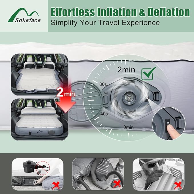 SUV Air Mattress with One-Click Charging Wireless Air Pump, Detachable Pillow, 10inch Air Mattress for Jeep Wrangler JK JKU JL JLU Unlimited 4 Door, Heavy Duty, Car Camping, Patent Pending