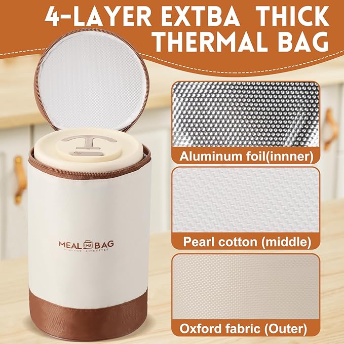 Dandat 3 Pcs Portable Insulated Lunch Container Set for Adult kids, Stackable Stainless Steel Bento Box for Hot Food with Insulated Lunch Bag Unisex 3 Separate Thermal Food Container(Beige)