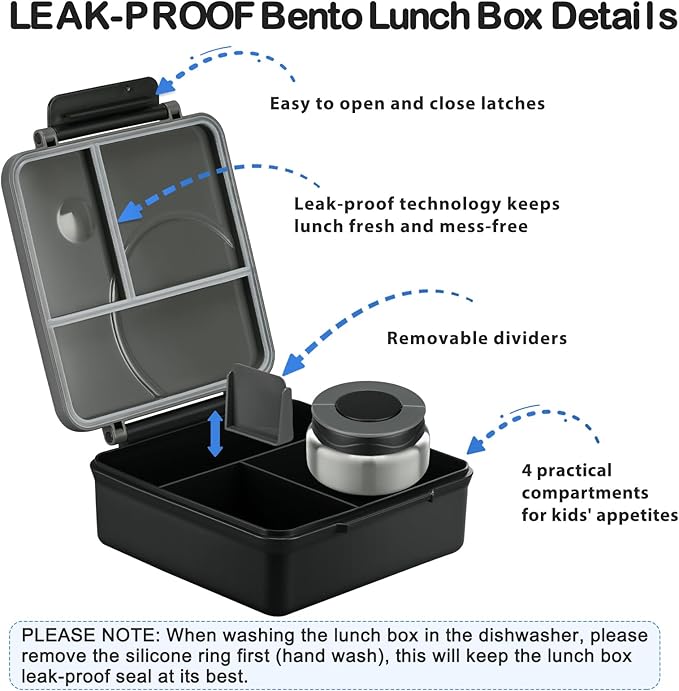 Bento Lunch Box Set for Kids with 8oz Soup Thermo, Leak-Proof Lunch Containers with 4 Compartment, Kids Thermo Hot Food Jar and Insulated Lunch Bag for Kid to School-Black