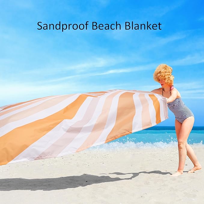 Beach Blanket Waterproof Sandproof, 78''×86'' Large Bohemian Picnic Blankets for 2-4 Adults, Lightweight & Compact 210T Polyester Beach Mat Sand Free w/ 4 Stakes & 4 Corner Pockets-Orange Sun