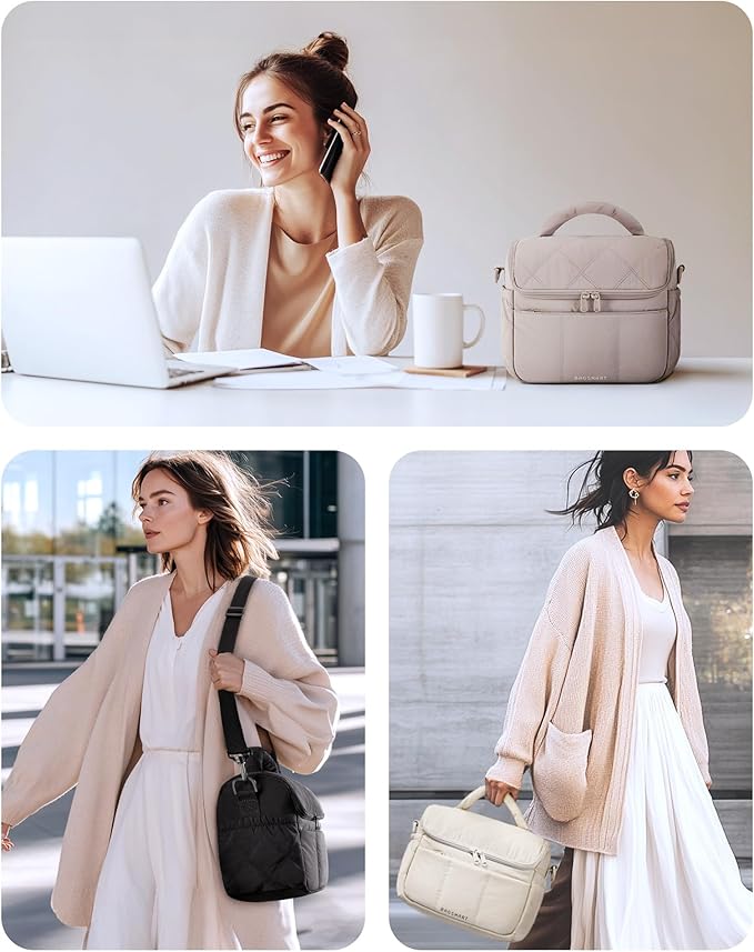 BAGSMART Insulated Lunch Bags for Women, Cute Quilted Lunch Box, Lightweight Puffy Padded Waterproof Lunch Tote, Reusable Lunch Cooler for Work Picnic Travel, Black