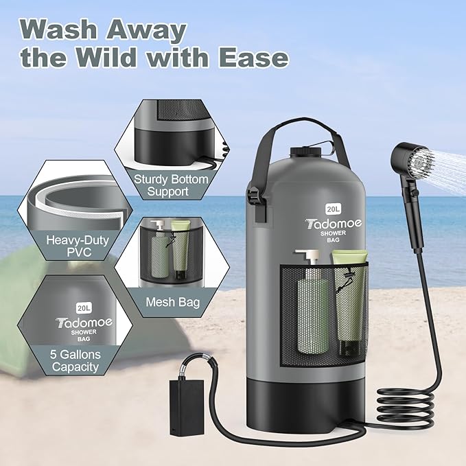 Portable Shower for Camping, 5 Gal/20 L Solar Heating Camping Shower Bag with Shower Pump, Portable Shower Head, Essential for Camping,Festivals, Overlanding, Beach Trips,Outdoor Showers