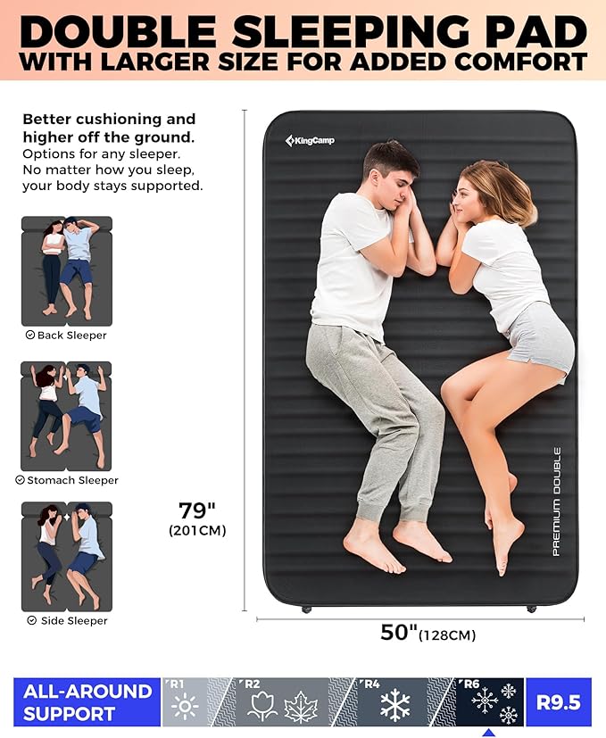 KingCamp Self Inflating Sleeping Pad for Camping Ultra Thick Double Single Foam Mattress High R Value Camping Air Pad Mat, Multi Colors & Sizes