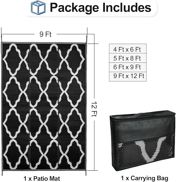 OutdoorLines Outdoor Plastic Area Rugs for Patio 9x12 ft - Reversible Outside Carpet, Stain & UV Resistant RV Mats, Straw Rug for Camping, Deck Garden, Porch and Balcony, Moroccan Black & Light Grey