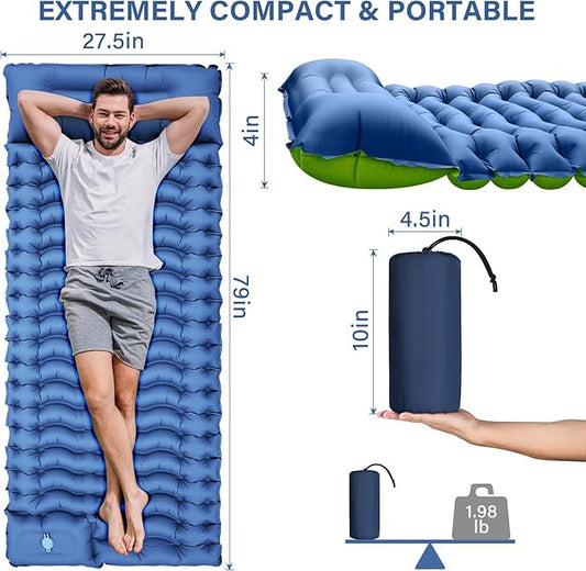 Camping Sleeping Pad, Ultralight Inflatable Sleeping Mat with Built-in Foot Pump & Pillow, Compact Air Mattress for Camping, Backpacking, Hiking, Tent
