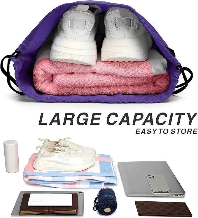 BuyAgain Drawstring Backpack Sports Water Resistant String Bag Sport Gym Sackpack for Women Men Large with Zipper, Purple