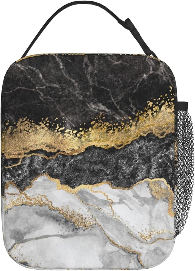 Black Grey Gold Marble Insulated Lunch Bag Reusable Cooler Lunch Box Portable Leakproof Thermal Container Tote Bags for Girls Boys School Travel