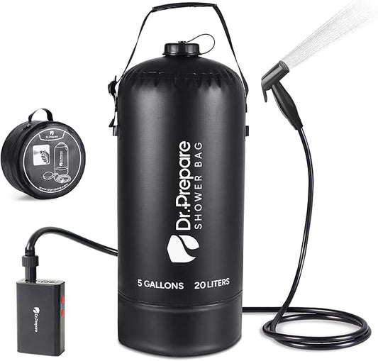 DR.PREPARE Camping Shower, 4 Gallons/5 Gallons Portable Shower with Rechargeable Electric Pump, Outdoor Shower Bag for Camping, Hiking, Traveling, Beach