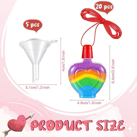 Bokon 37 Pcs Valentine Sand Art Bottle Necklace Kits Include 20 Pcs Plastic Sand Art Bottle Necklaces, 12 Pcs 12 Colored Art Sand, 5 Mini Plastic Funnels for Class heart Sand Art Containers Art Crafts