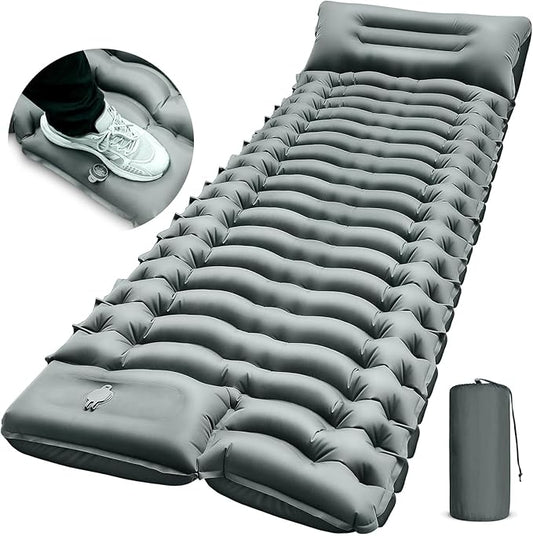 Camping Sleeping Pad, Ultralight Camp Pad with Pillow, Built-in Foot Pump, Inflatable Sleeping Pad, Compact Size for Camping, Backpacking, Hiking and Traveling - Gray