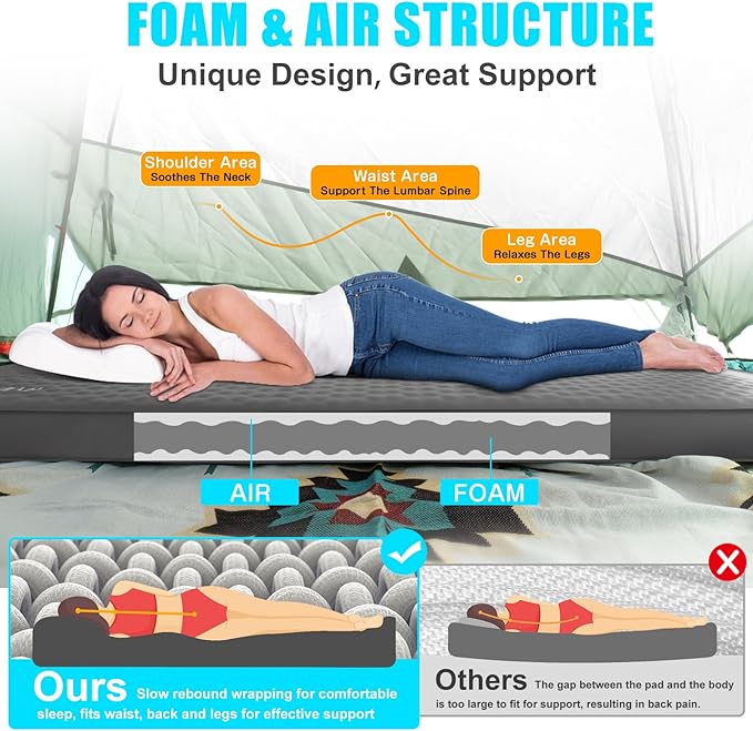 Self Inflating Sleeping Pad with Electric Pump, 4" Thick Ultralight Memory Foam Camping Mattress, Telescopic & Compact, Fast Inflate Insulated Camping Air Mats for Car Travel/Tent/Cot, Grey