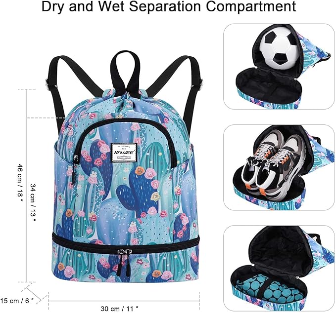 Dry Wet Drawstring Backpack with Shoe Compartment for Women Adjustable Gym Bag