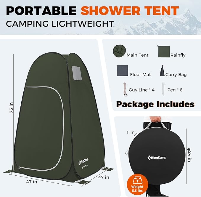 KingCamp Camping Shower Tent, Portable Outdoor Privacy Toilet & Changing Tent Windproof & Waterproof Easy Setup 1 or 2 Room Shelter with Shower Bag for Camping Hiking Beach
