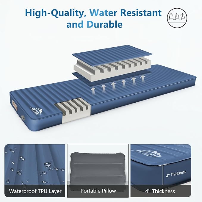 Self Inflating Sleeping Pad with Electric Pump, 4" Ultra-Thick Memory Foam Camping Pad with Pillow, 9.5 R-Value Insulated Camping Mattress, Navy Blue