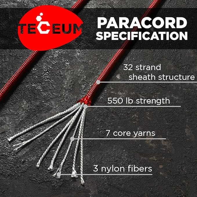 Bundle of 2 Items – TECEUM Paracord Type IV 750 lb Black 50 ft & Type III 550 Red (Fire) 100 ft – 4mm – Nylon Strong Tactical MIL–SPEC Parachute Cord – Survival Emergency EDC Camping Hiking Military