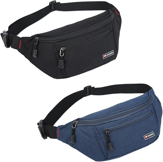 2 Packs Fanny Packs for Men and Women, Water Resistant Sports Waist Pack Bag Hip Bum Bag for Travel Hiking Running (Black + Light Blue)