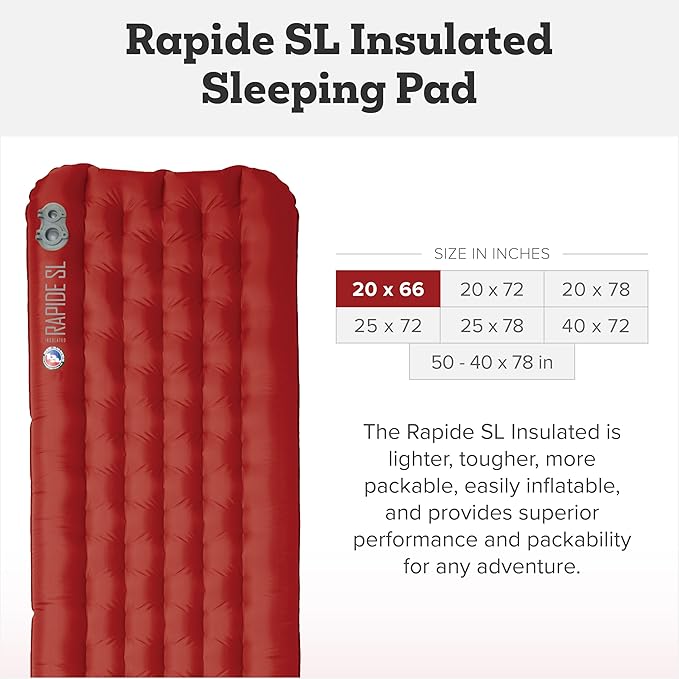 Big Agnes Rapide SL - Insulated Sleeping Pad, Ultralight, All Season Compact Backpacking and Hiking, Pumphouse Sack Included, Orange, 20x66 Petite