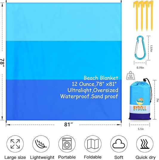 BYDOLL Beach Blanket Waterproof Sandproof 78''×81'' 1-7 Adults Oversized Lightweight Large Picnic Mat Waterproof Sandproof Blanket for Beach