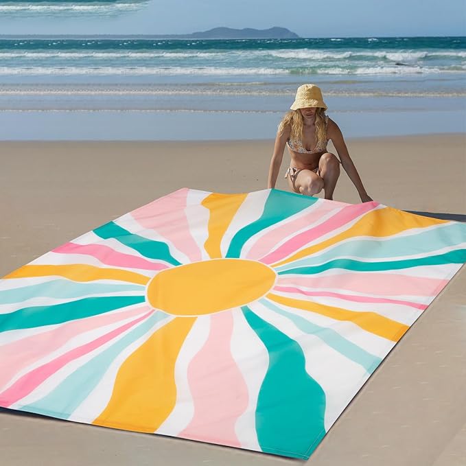 Beach Blanket Waterproof Sandproof, Oversized Picnic Blankets with Stakes and Sand Pockets, Lightweight Quick Drying, Extra-Large Portable Beach Mat for Outdoors, Camping, Hiking Trips-Spring Sunshine