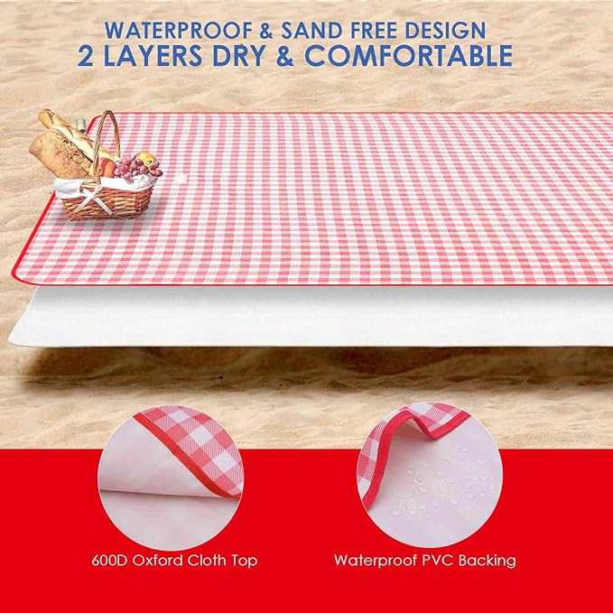 GIVERARE Picnic Beach Blanket Extra Large, XL Sandproof Waterproof Outdoor Camping Blankets 80x60in, Sand Free Oversized Mat, Quick Drying Portable Mats for Travel, Hiking, Music Festival, Lawn-Red