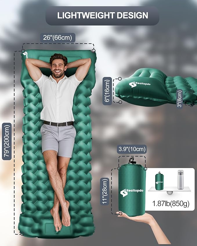 Inflatable Camping Sleeping Pad with Pillow & Foot Pump, 3"x79"x26" Single Camping Air Mattress, Compact Roll-Up, Quick-Dry & Durable Sleeping Mat for Backpacking, Hiking, Tent, Travel – Lake Green