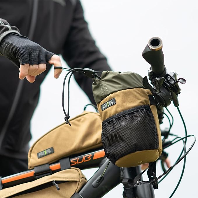 Bongo Bike Handlebar Bag - Water Resistant & Durable Fabric Bicycle Water Bottle Holder, Secure Attachment Bikepacking Stem Bag, Front Biking Storage, Bike Organizer for Cycling - Coyote