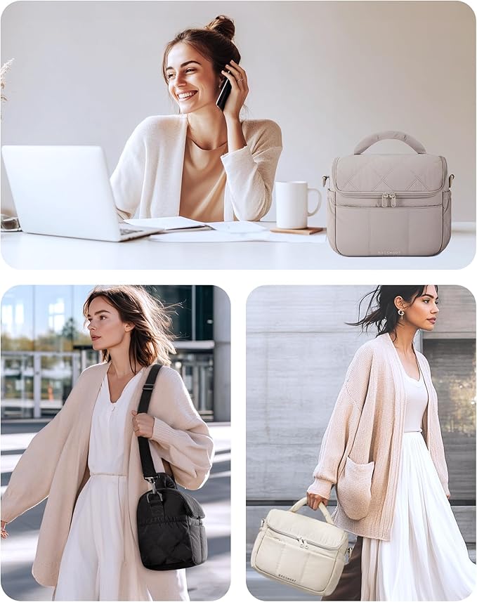 BAGSMART Insulated Lunch Bags for Women, Cute Quilted Lunch Box, Lightweight Puffy Padded Waterproof Lunch Tote, Reusable Lunch Cooler for Work Picnic Travel, Camel