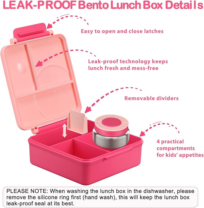 Bento Lunch Box Set for Kids with 8oz Soup Thermo, Leak-Proof Lunch Containers with 4 Compartment, Kids Thermo Hot Food Jar and Insulated Lunch Bag for Kid to School-Pink