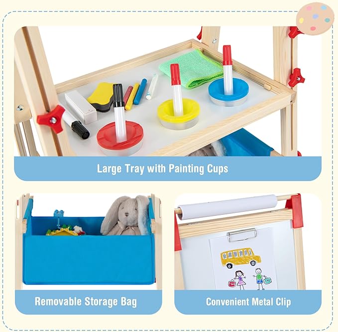 HONEY JOY Easel for Kids, Wooden Height Adjustable Double-Sided Toddler Easel w/Magnetic Chalkboard & White Board, Paper Roll, 60+ Painting Accessories, Magnetic Letters, Art Easel for Boys Girls
