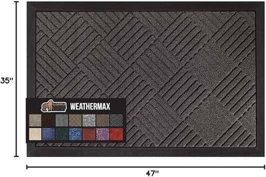 GORILLA GRIP 100% Waterproof All-Season WeatherMax Doormat, 47x35, Durable Natural Rubber, Stain and Fade Resistant, Low Profile, Indoor Outdoor Door Mats, Easy Clean Patio Entrance Mat, Gray Diamond