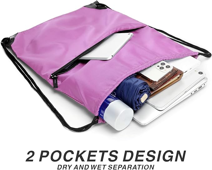 BuyAgain Drawstring Backpack Sports Water Resistant String Bag Sport Gym Sackpack for Women Men Large with Zipper, Pink