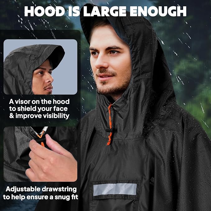 ANYOO Hooded Rain Poncho for Adults Waterproof Lightweight Rain Coat for Men Women Reusable Rain Jacket for Emergency Outdoor