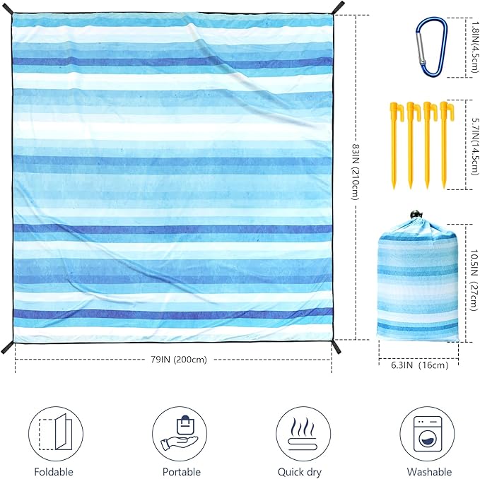 Beach Blanket Waterproof Sandproof Beach Mat 79" X 83" /10'x9'for 2-8 Adults Quick Drying Outdoor Picnic Mat Beach Accessories for Travel, Camping, Hiking