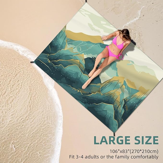 Beach Blanket Waterproof Sandproof Large Beach Mat 83" X 106" for 5-7 Adults Sand Free Mat Quick Drying,Oversized,Lightweight & Durable with 4 Stakes & 4 Corner Pockets for Beach Camping .(Mountain)