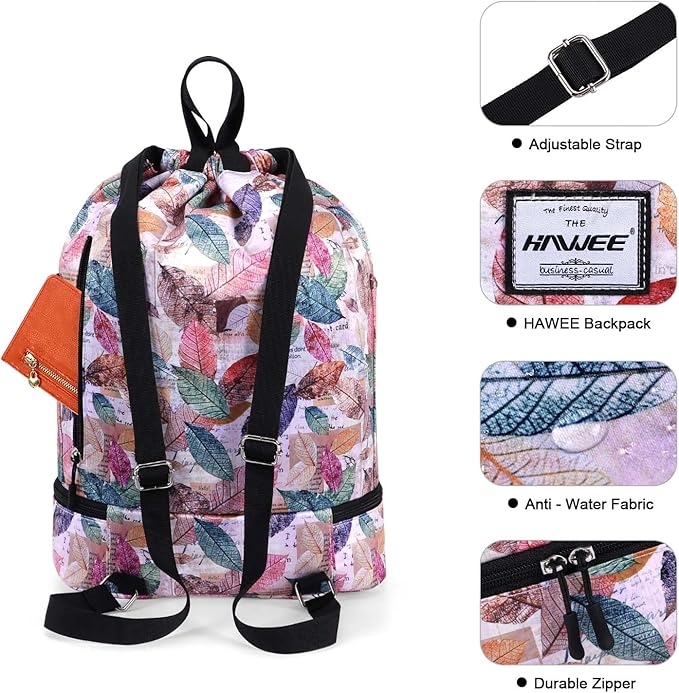 Dry Wet Drawstring Backpack with Shoe Compartment for Women Adjustable Gym Bag