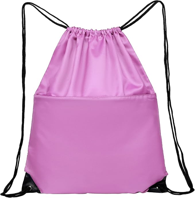 BuyAgain Drawstring Backpack Sports Water Resistant String Bag Sport Gym Sackpack for Women Men Large with Zipper, Pink