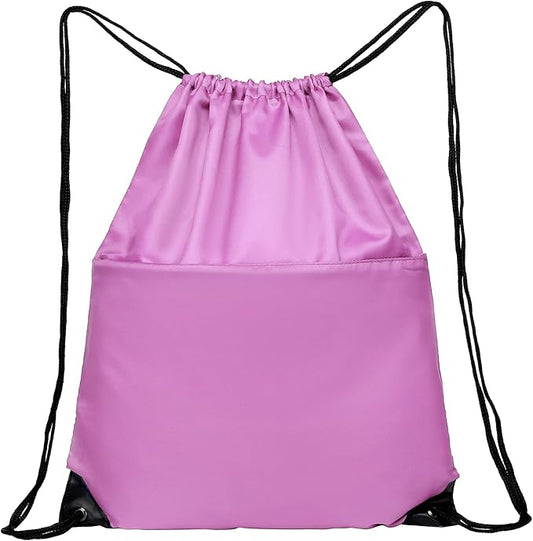BuyAgain Drawstring Backpack Sports Water Resistant String Bag Sport Gym Sackpack for Women Men Large with Zipper, Pink