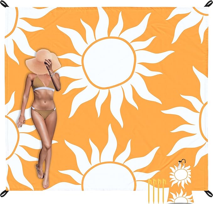 Large Beach Blanket Waterproof Sandproof, 78''×86'' Beach Mat Sand Free for 2-4 Adult with Stakes and Pocket, Foldable Picnic Blankets for Outdoor, Camping Hiking, Vacation Essentials-Boho Sun Rise