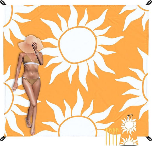 Large Beach Blanket Waterproof Sandproof, 78''×86'' Beach Mat Sand Free for 2-4 Adult with Stakes and Pocket, Foldable Picnic Blankets for Outdoor, Camping Hiking, Vacation Essentials-Boho Sun Rise