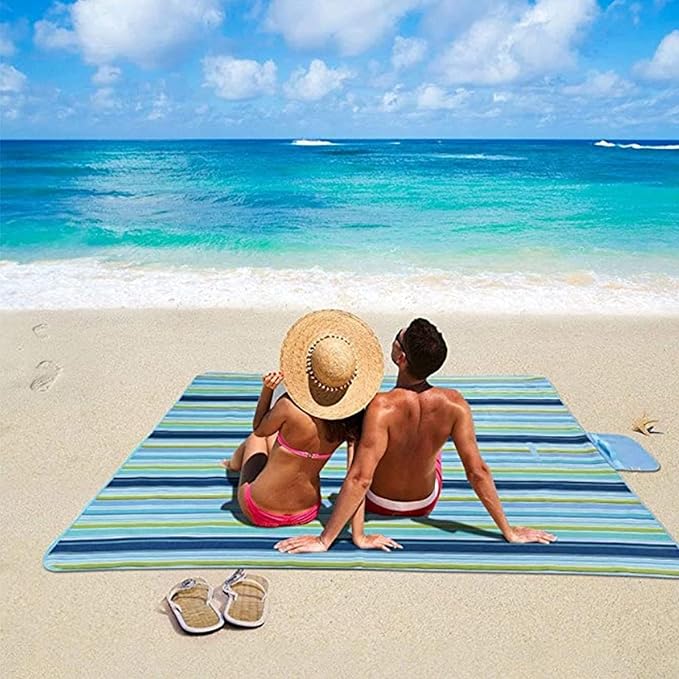 K Y KANGYUN Picnic Blanket | Beach Mat| Picnic Blankets for Indoor and Outdoor, 80" x 60" Sandproof Waterproof Larger Mats for Travel, Camping, Hiking, Park Grass, Handy Tote, Foldable (Blue Line)