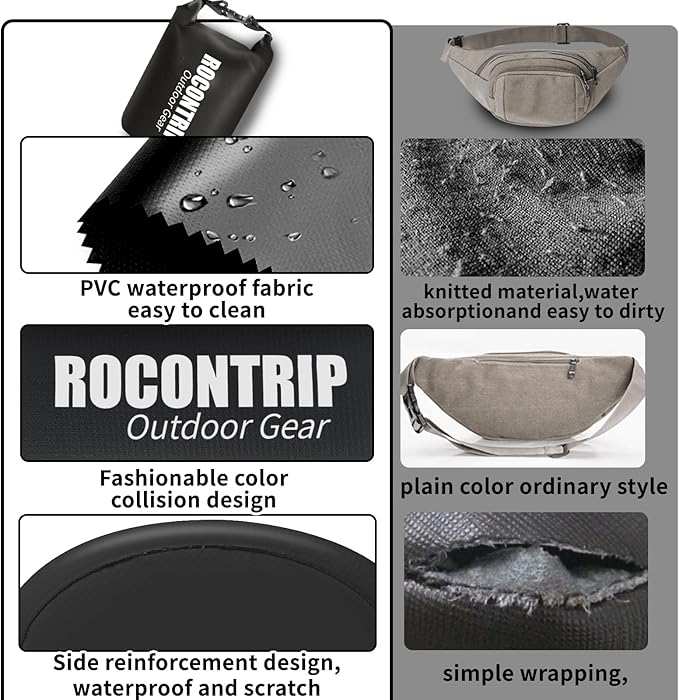 ROCONTRIP Waterproof Dry Bag Lightweight Waterproof Bag Portable Swimming Bag Travel Waterproof Dry Bag for Fishing Snorkeling Diving Boating Kayaking Hiking(GreyBlack, 2L)