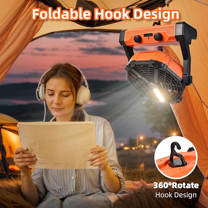 Camping Fan Ventilador Recargable 20000mAh Battery Operated With LED Lantern/Hook/Remote Auto Oscillating 60 Hrs Work Cordless Tent Fan for Emergency, Camping, Outdoor