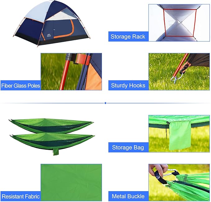 9 Pcs Camping Set,Include 1 Camp Tent,2 Sleeping Bag,2 Sleeping Pad/Camping Mat,2 Single Camping Hammock with 2 Tree Straps,2 Lightweight Bed Blanket for Family Outdoor Activities