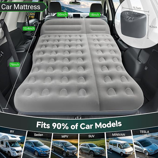 SUV Air Mattress， Thickened Flocked Camping Bed for Car Trunk & Back Seat ， Includes Electric Pump & 2 Foot Pedals ， Portable Inflatable car Mattress (Gray)