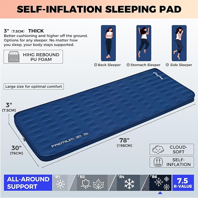 KingCamp Premium 3D Self-Inflating Camping Sleeping Pad Mattress Comfortable 3 “Thick Portable Lightweight Double Single R-Value 6.1 Warm for Winter Camping Indoor Outdoors Single-Navy