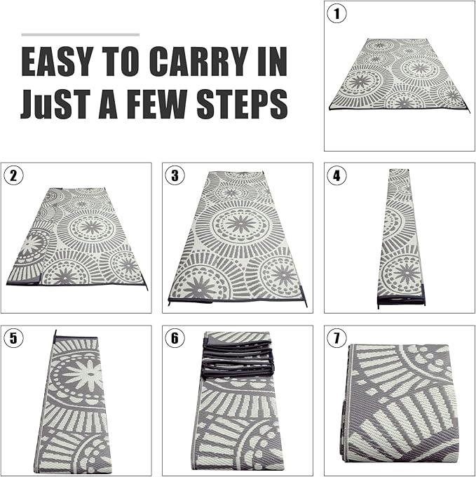 Ileading Outdoor Plastic Straw Rug 8x10ft Modern Geometric Style Reversible Patio Area Rugs Waterproof Non Shedding Portable Carpets for Rv Outside Deck Pool Beach Picnic Camping (Grey)