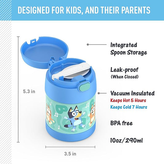 THERMOS FUNTAINER Insulated Food Jar, 10 Ounce, Kid Friendly Food Jar with Foldable Spoon, Bluey