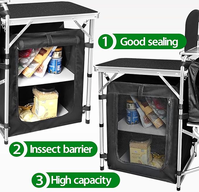 CampLand Folding Cooking Table Outdoor Portable Cook Station Aluminum Camping Kitchen with Storage Organizer, Windscreen, Hooks for BBQ, Party (Black3cabinet)