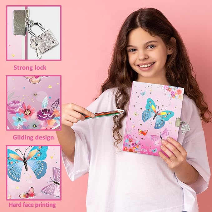 Butterfly Girls Diary with Lock, Set of Diary for Girls Incl. Kids Journal with Lock & Pen (6-Multicolor) Memo Ruler Sharpener Eraser Pink Girls Journal Writing Notebooks for Kids Gifts for Girls 6-8