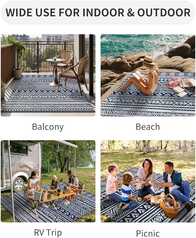 MontVoo Outdoor Rug Carpet Waterproof 6x9 Outdoor Patio Rug Mat Reverisble Plastic Straw Outdoor Rug for RV Camping Picnic Beach Balcony Boho Navy Blue
